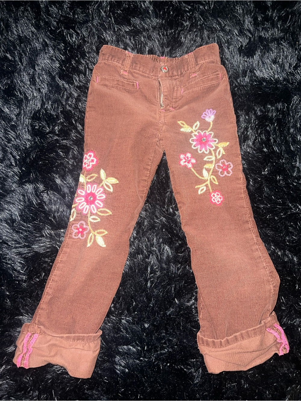 Avenue Brown Corduroy Pants with Pink & Yellow Floral Embroidery
